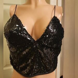 Entry Black Sequin Spaghetti Strap Crop Top Garment with Exposed Zipper SZ L